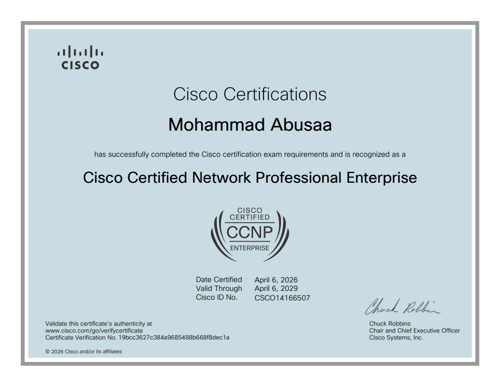 Cisco Certified Network Professional Enterprise certificate awarded to Mohammad Abusaa, certified April 6, 2026